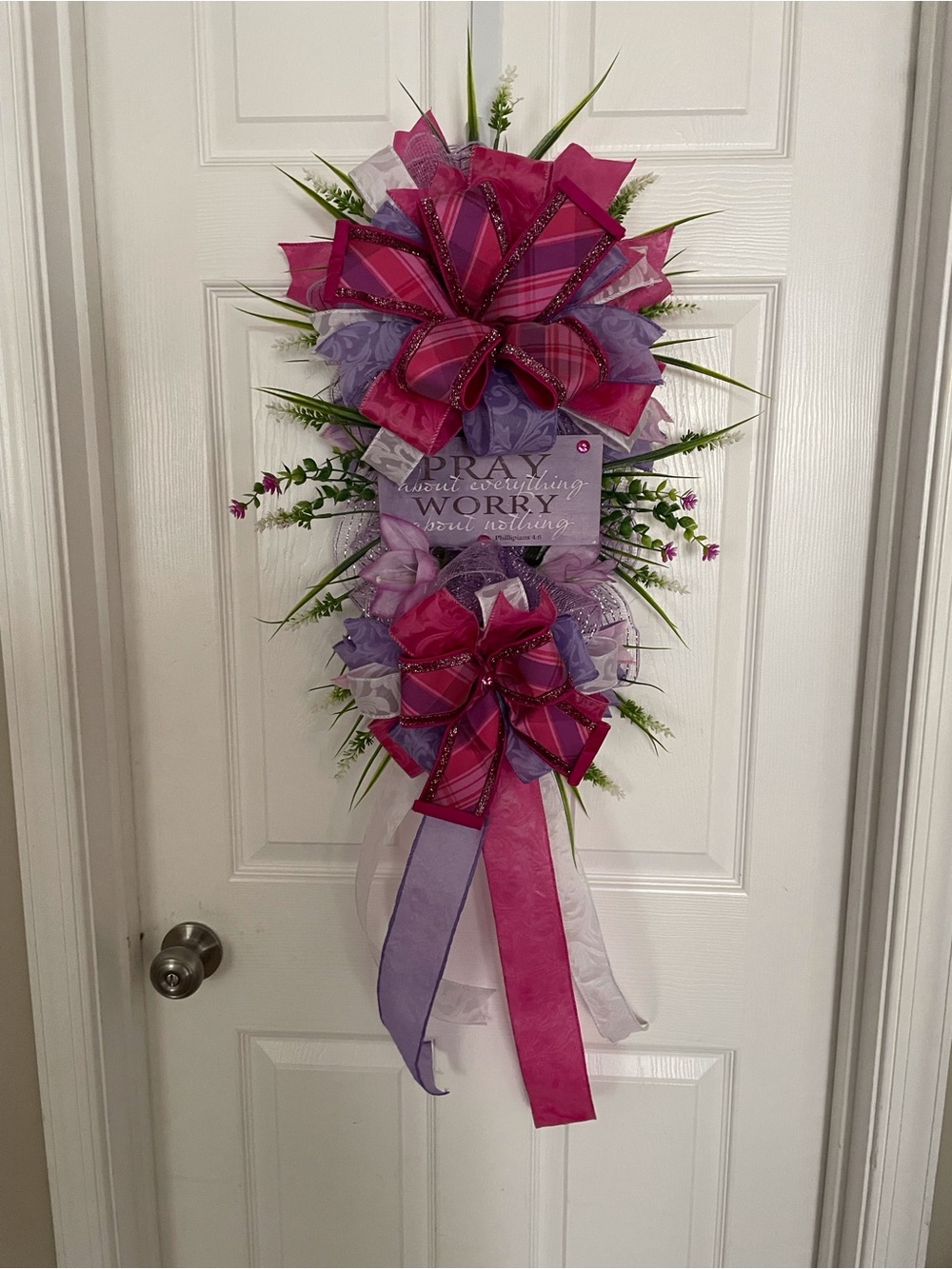 Home Holiday Pink & Purple Ribbon Door Swag with Floral Accents